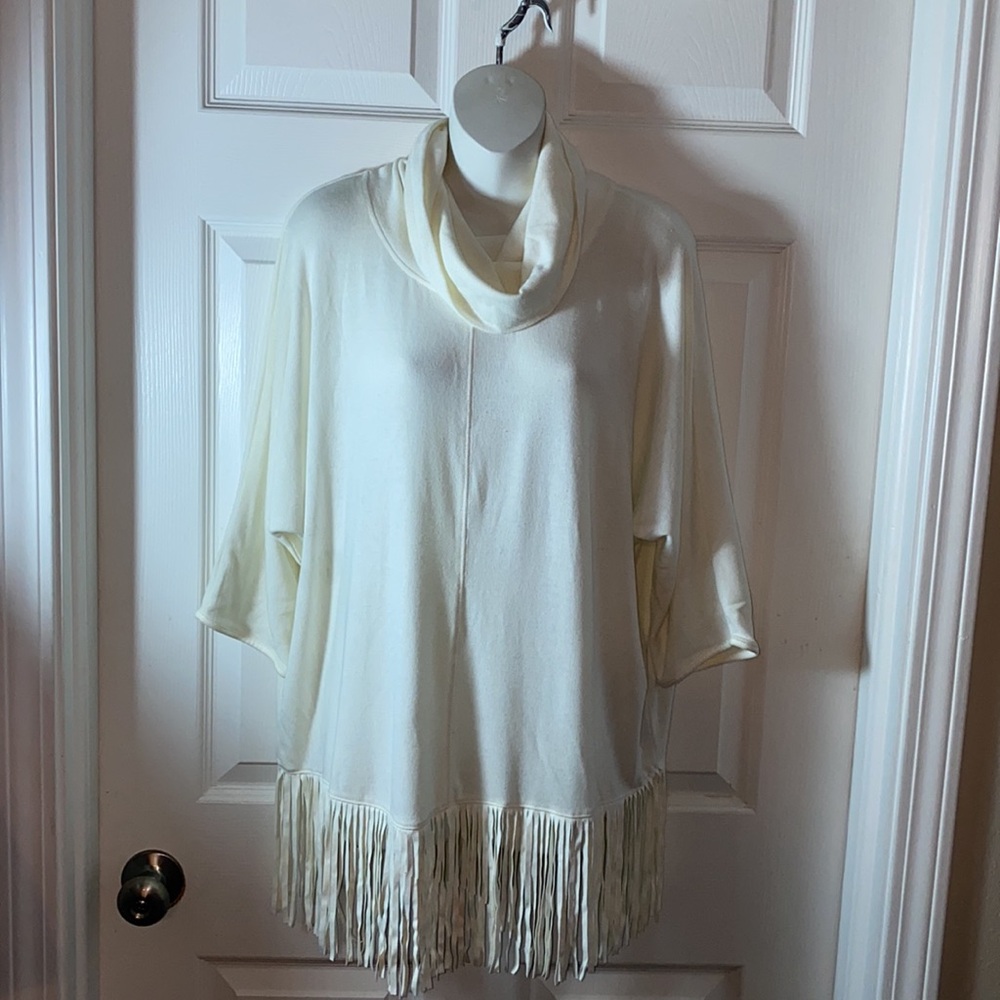 Terre Bleue Fringe  Cowl Neck Sweater Size Medium Off White Cream - Picture 4 of 9